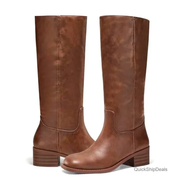 Women's Knee High Boots Square Toe Chunky Heel Comfortable Low Heel Shoes - Picture 5 of 7